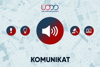 Ilustracja informująca o komunikacie UODO, na której widoczne jest logo UODO, ikonka głośnika jako główny motyw i napis komunikat. 
